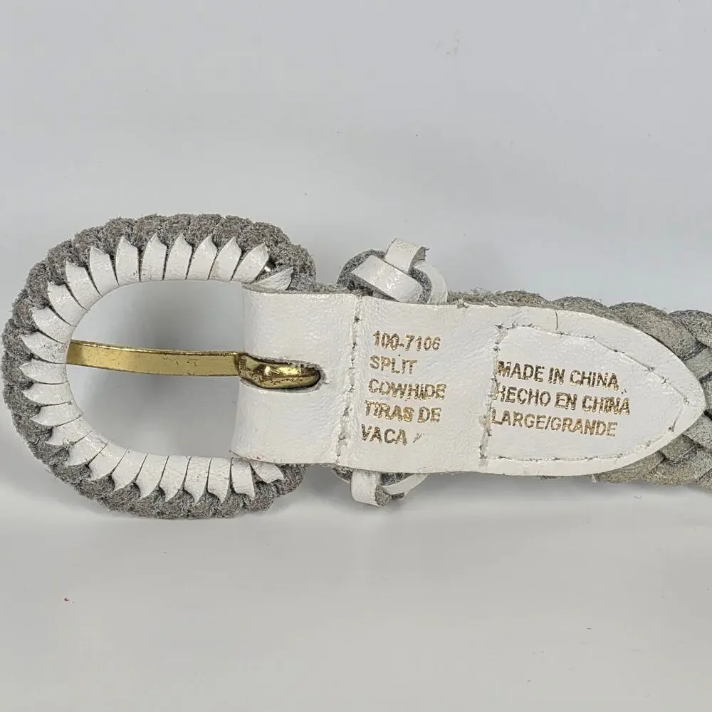 VINTAGE WHITE BRAIDED SPLIT COWHIDE LEATHER BELT – GOLD BUCKLE – SIZE L 38